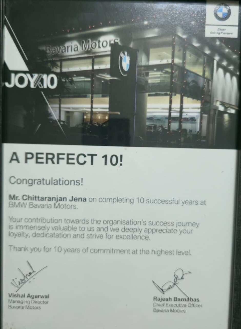 BMW Bavaria Motors — recognition for 10 years of service