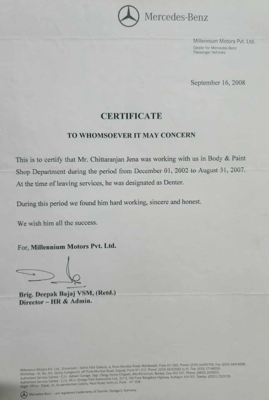 Mercedes-Benz — Body & Paint experience, Millennium Motors (2002–2007)