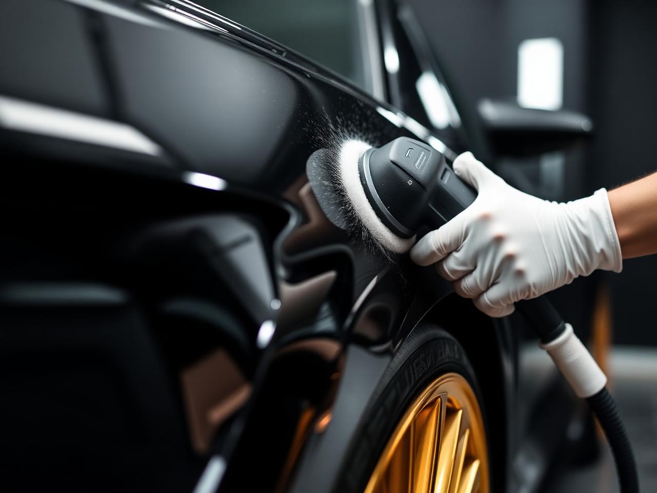 Machine polishing a dark car panel during paint correction