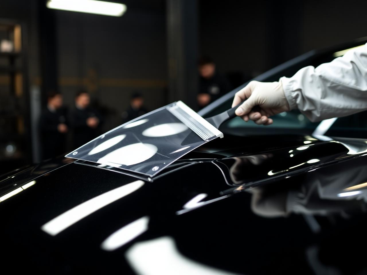 Paint protection film being applied to a car bonnet