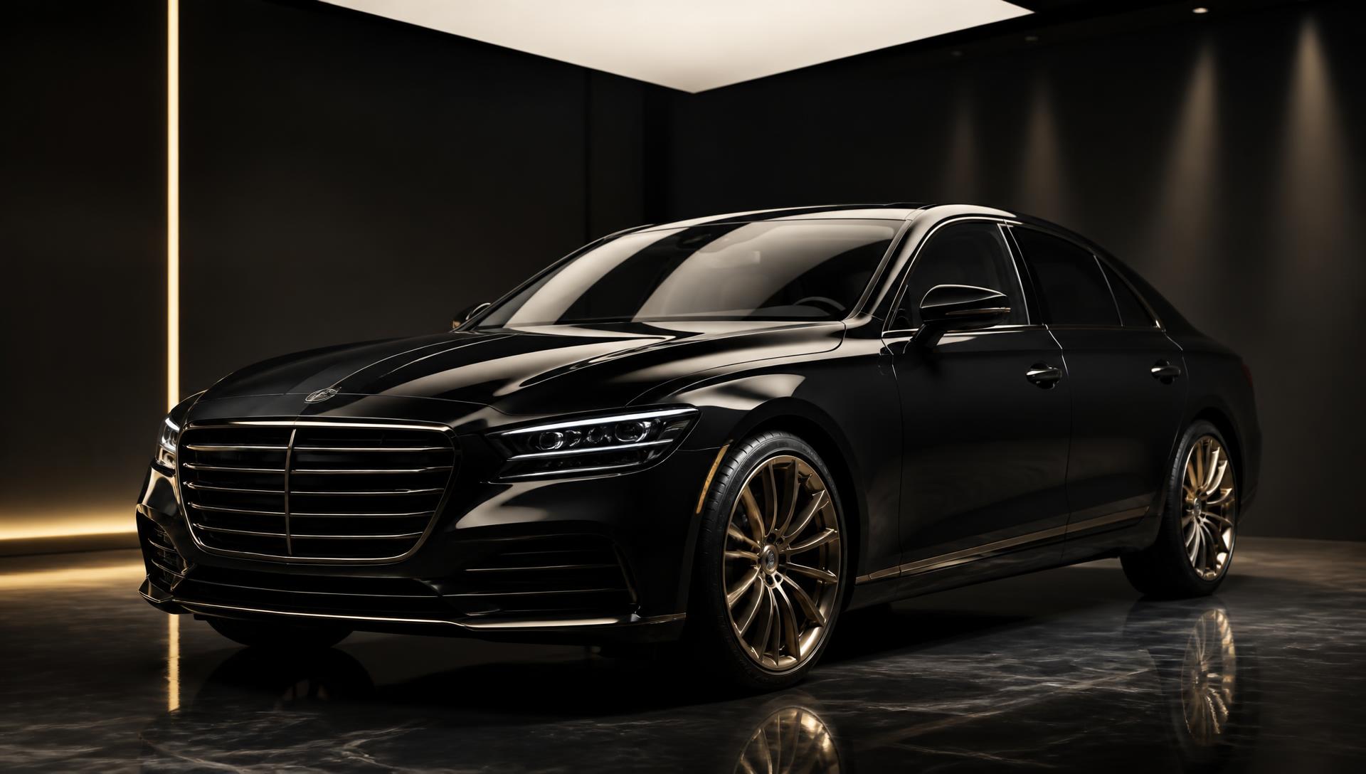 Luxury sedan under studio lighting inside a premium detailing bay